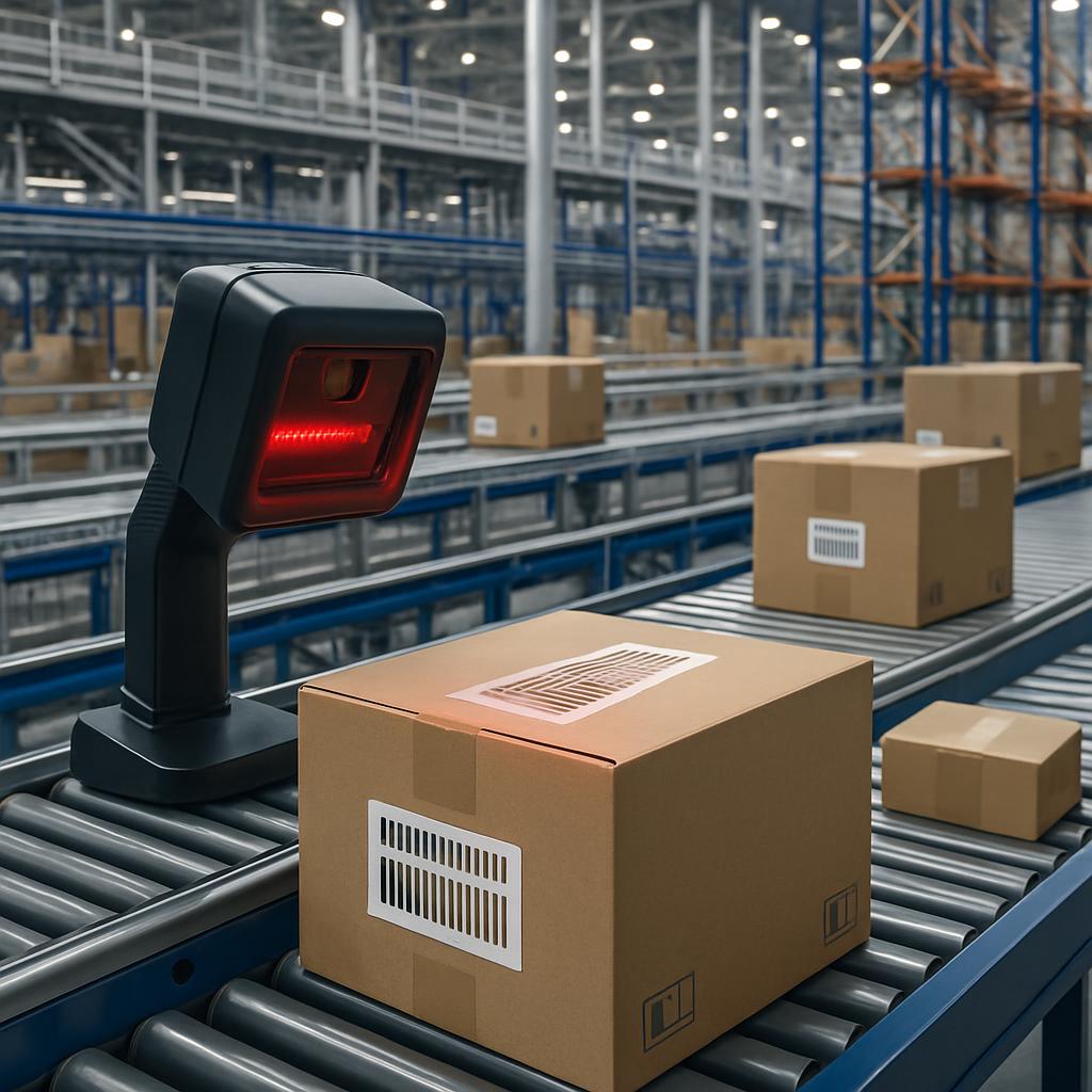 Several cardboard boxes are on a roller conveyor underneath what looks to be a lighted barcode scanner.