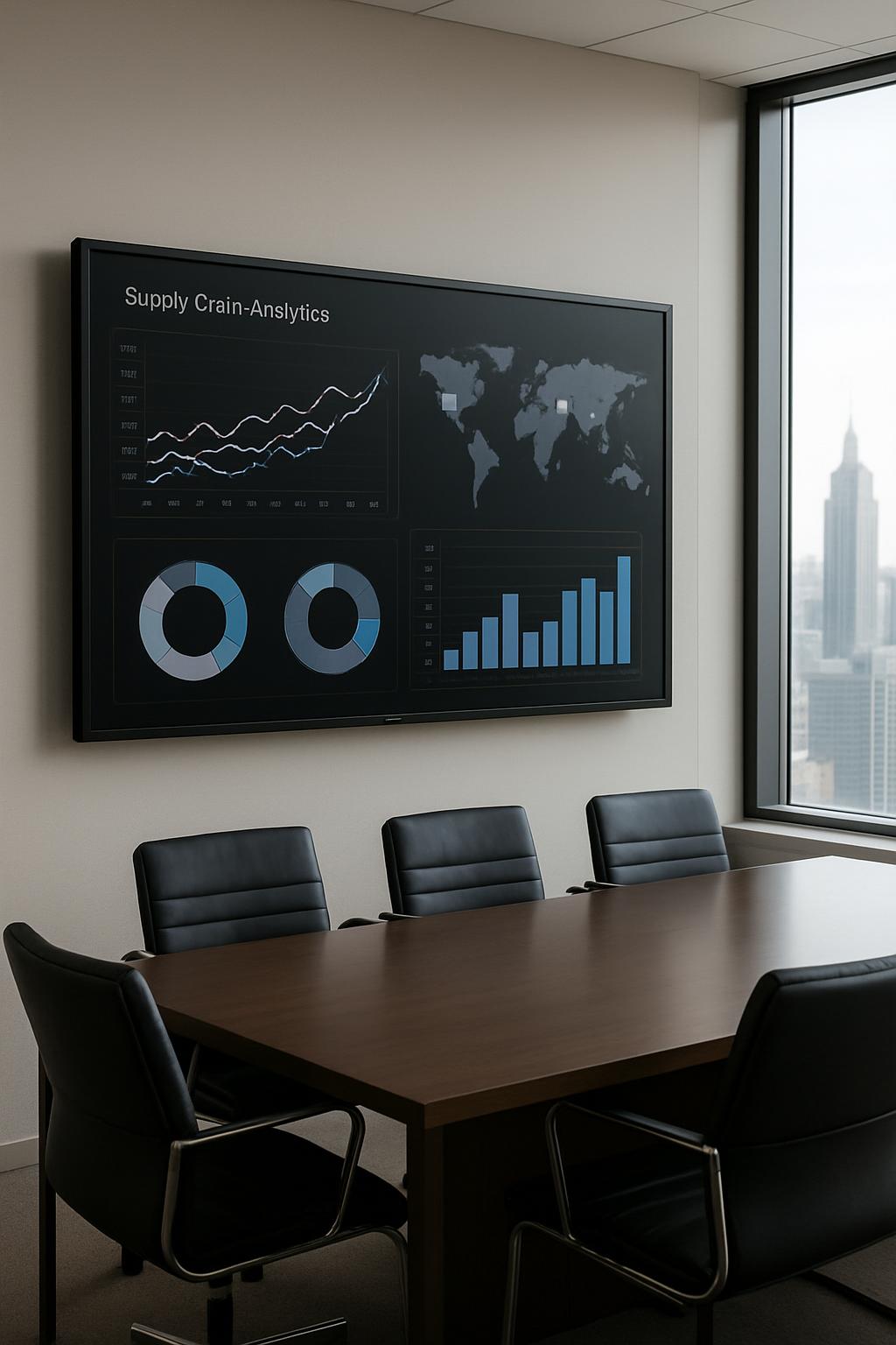 "Conference room with a large screen displaying a supply chain analytics graphic and a city skyline outside the window."