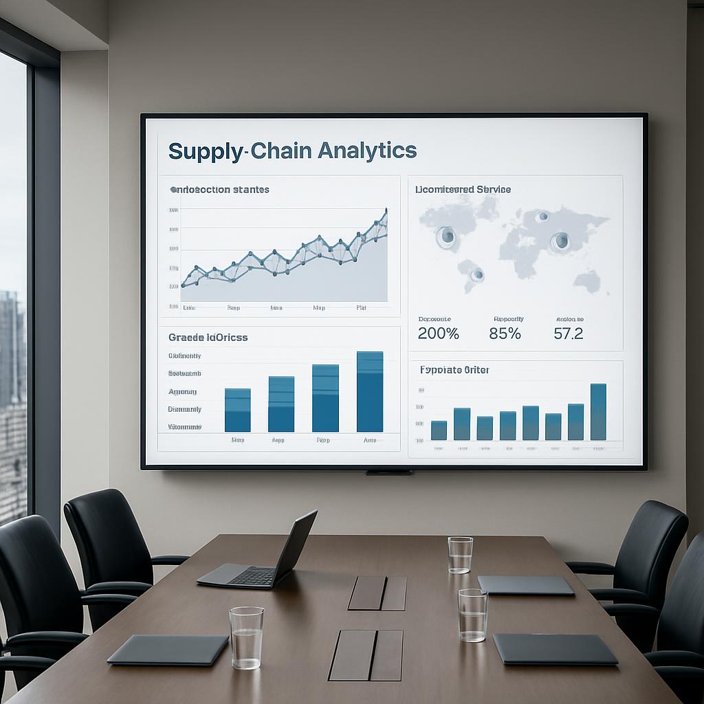 The image depicts a large screen displaying a presentation on supply chain analytics, mounted above a conference table wit...