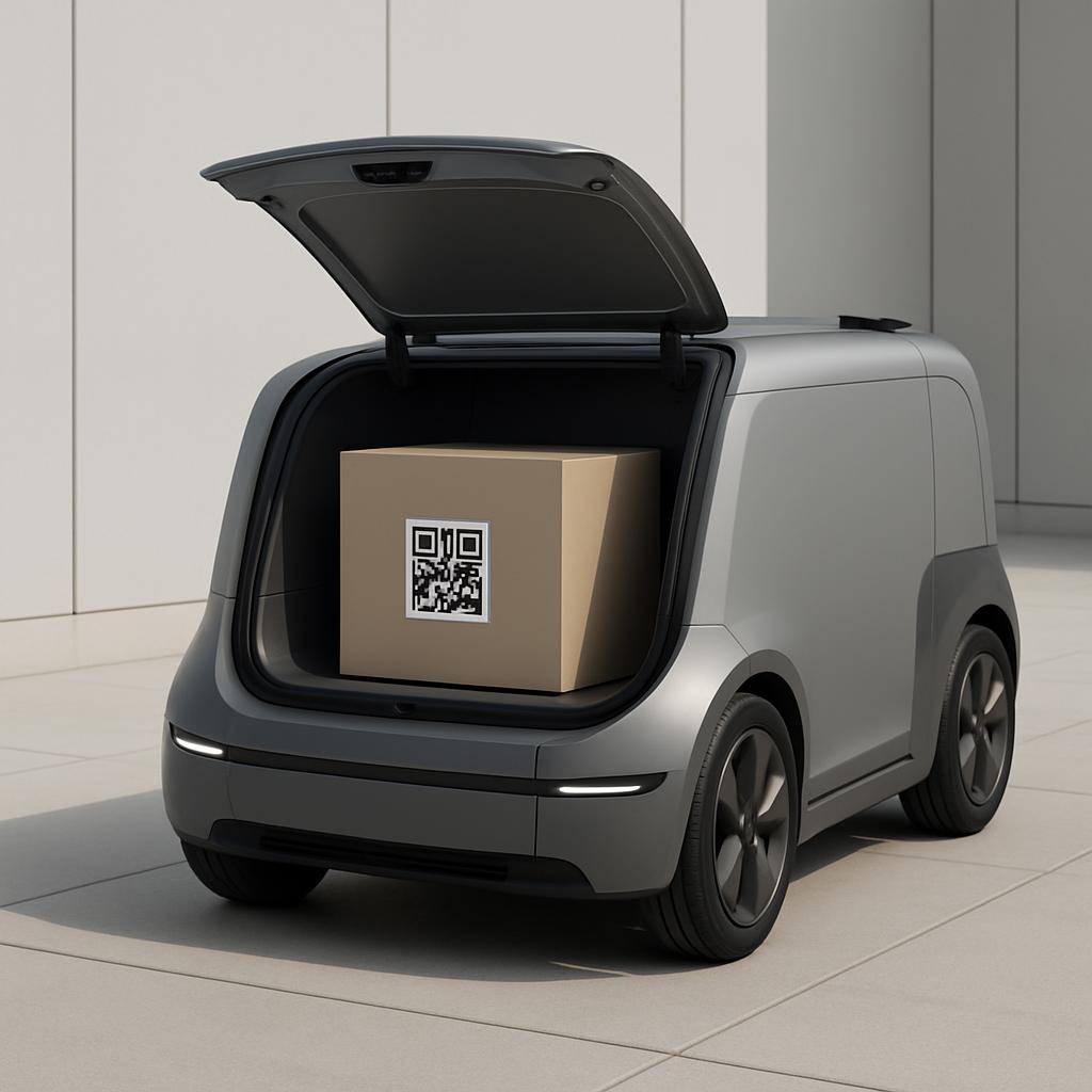 This smallish car-shaped robotic vehicle fills its large open trunk with an oversized box and an embedded QR code. The box...
