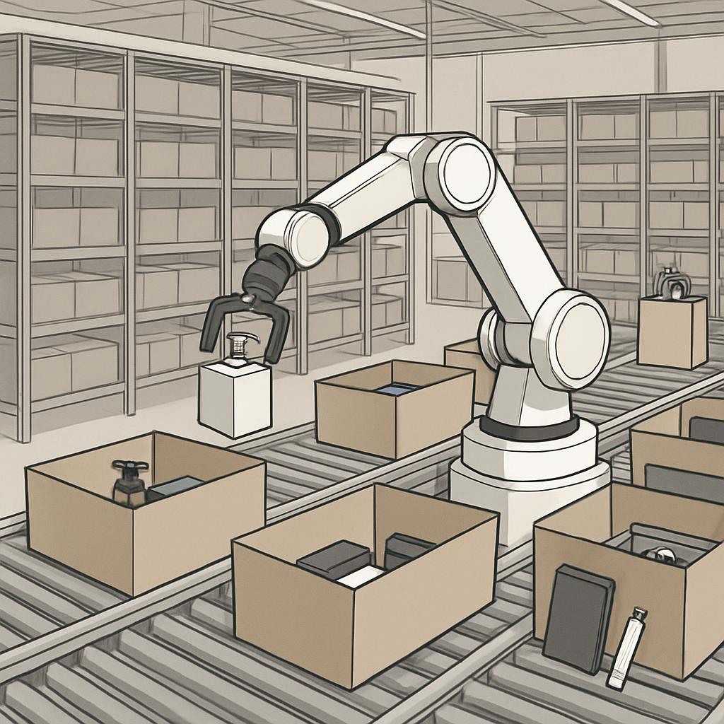 Primarily composed of a robotic arm with a hook, itself supported by four cardboard boxes, the image portrays an industria...