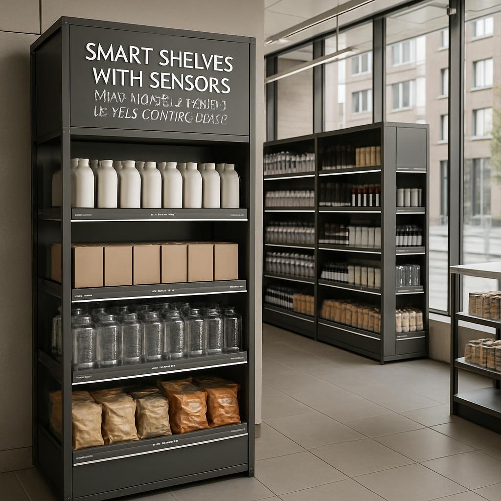 Smart shelves with sensors, made of modern materials, preserved for a cookie jar, controlled by a water tank, used in a st...